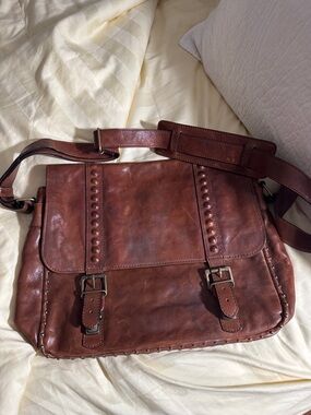 Frye Rustic Brown Leather Messenger Bag with Studded Trim